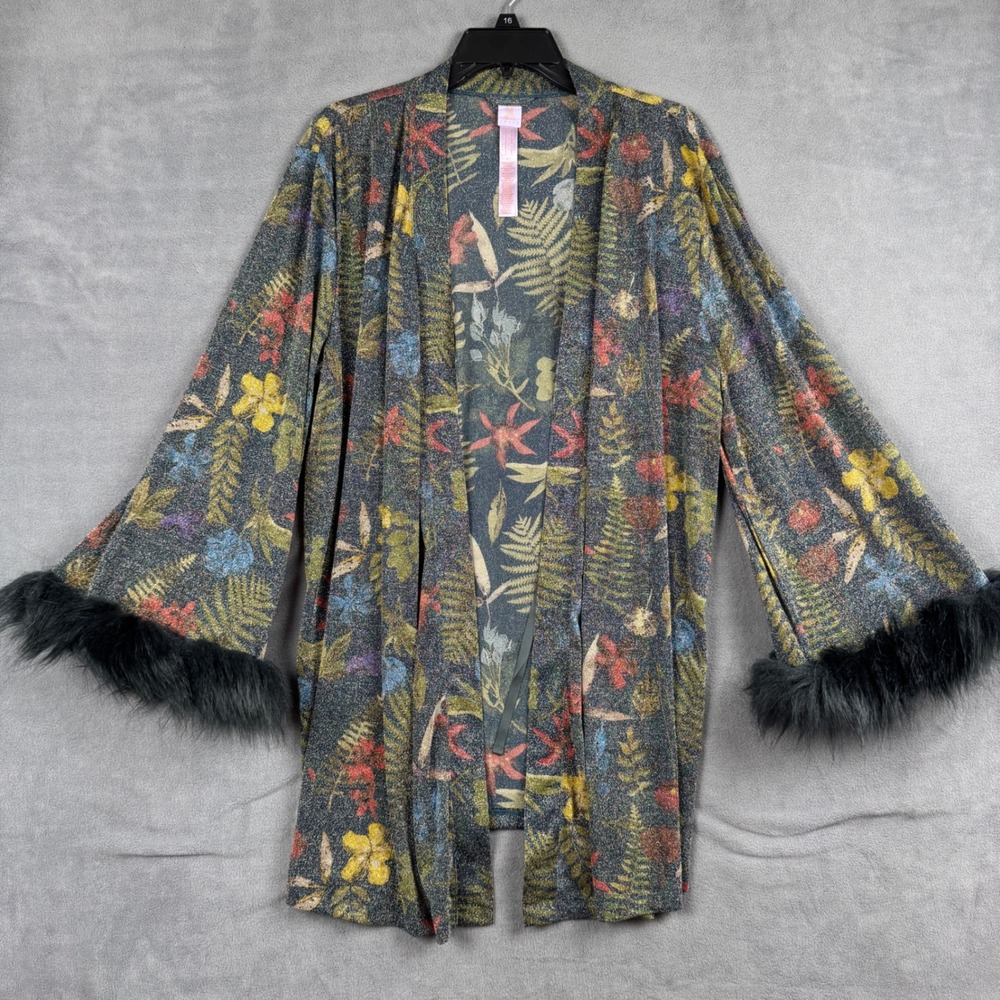 Savage X Fenty Metallic Floral Robe Faux Fur Trim XL/1X Sparkle Cardigan
